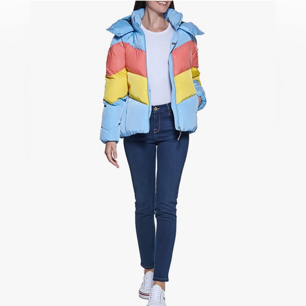 NWOT Tommy Hilfiger Women's Hooded Color Blocked Puffer Coat- bright pastel!